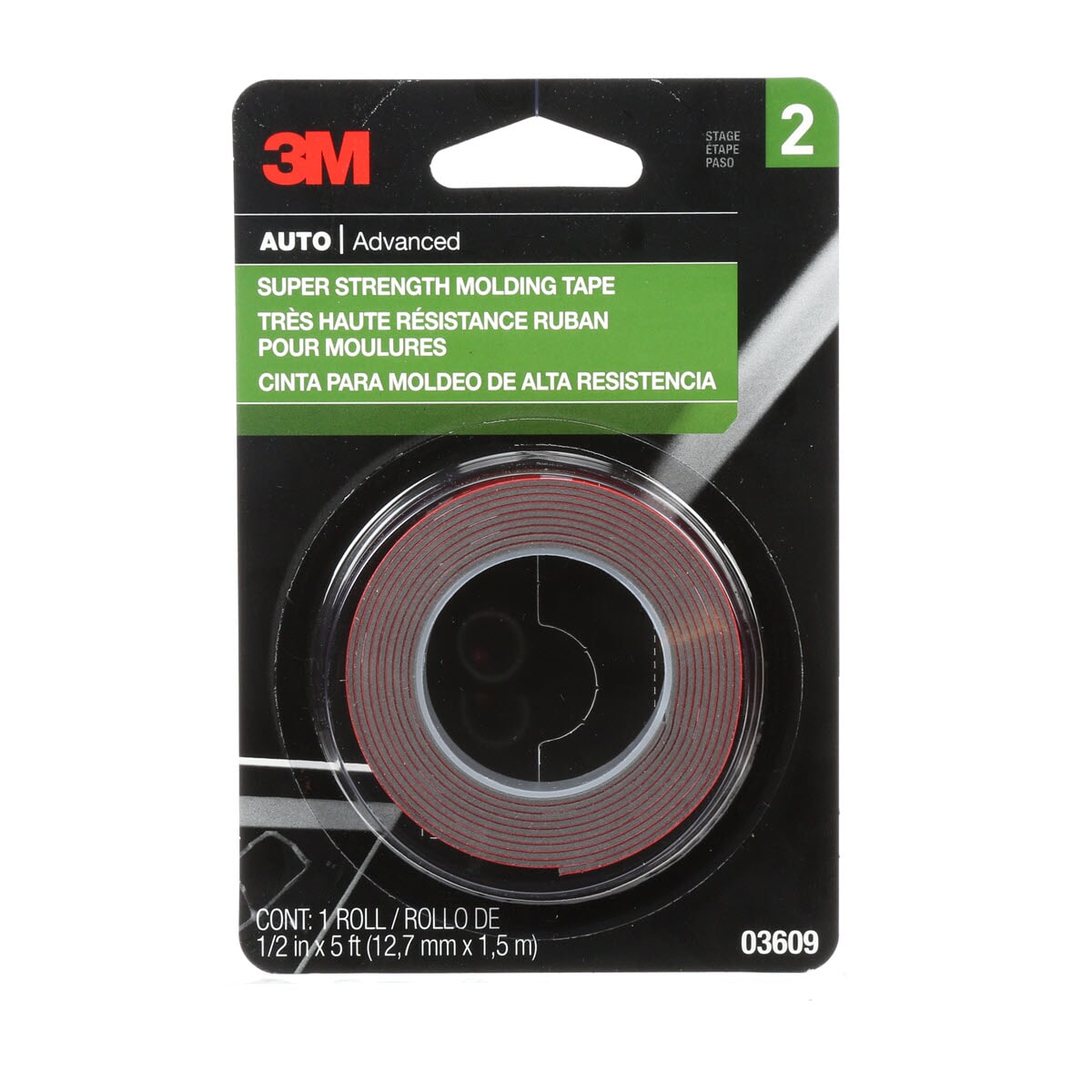 3M 7000000533 Super Strength Molding Tape, 5 ft L x 1/2 in W, 0.045 in THK, Acrylic Adhesive, Black