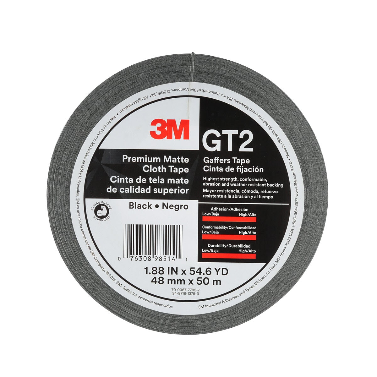 3M 7010336132 High Strength Gaffer Tape, 50 m L x 48 mm W, 11 mil THK, Cloth, Synthetic Rubber Adhesive, Cotton Backing, Black