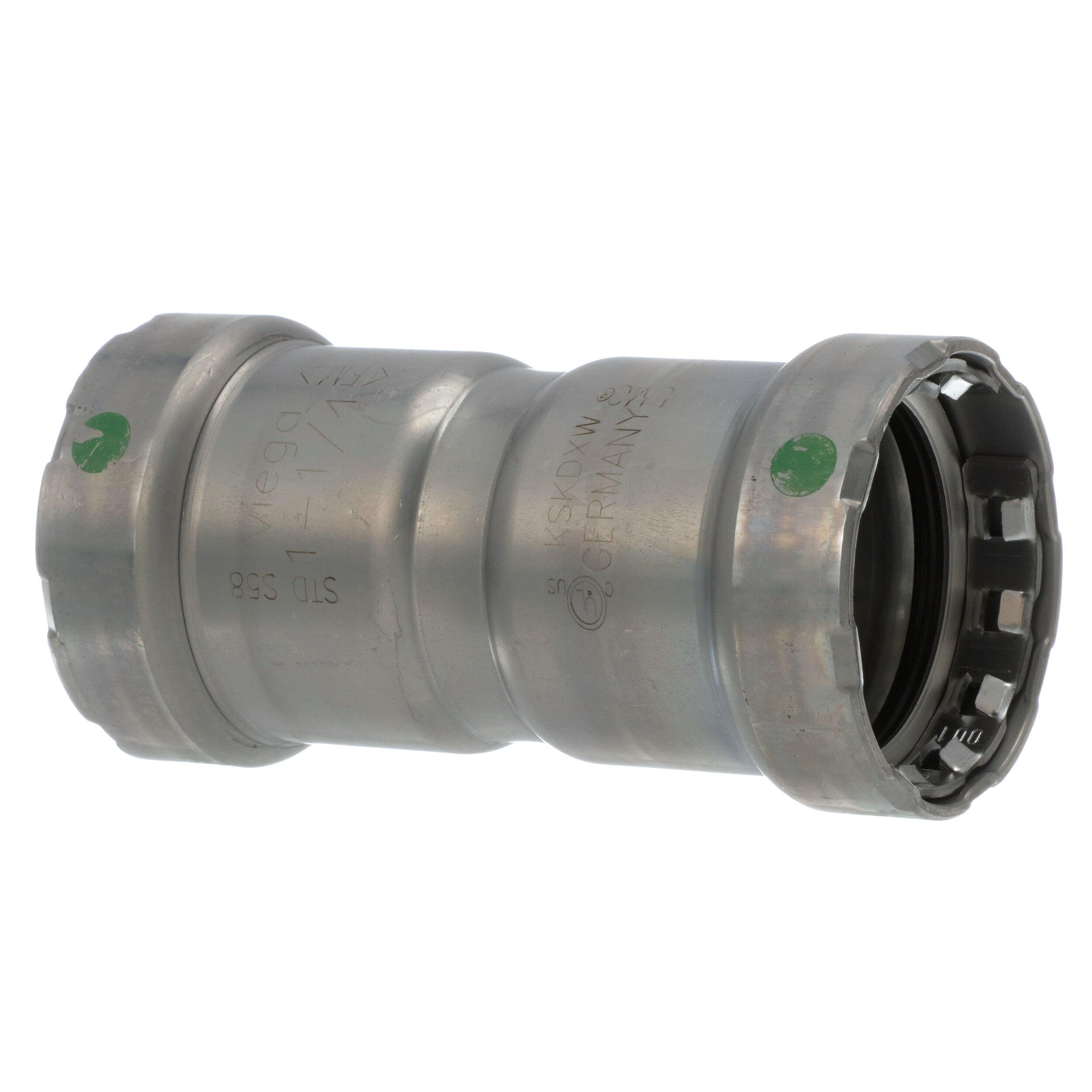 MegaPress® 25015 Pipe Coupling With Stop, 1-1/4 in Nominal, Press End Style, Carbon Steel